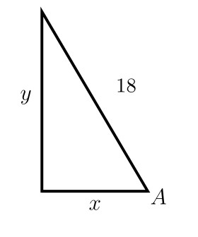 Right triangle with hypotenuse 18, angle 60 degrees at bottom left, horizontal leg x, and vertical leg y.