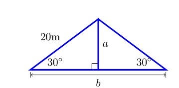 Isosceles triangle with base angles of 30 degrees, top side 20 meters long, height a from apex to base, and base width b.