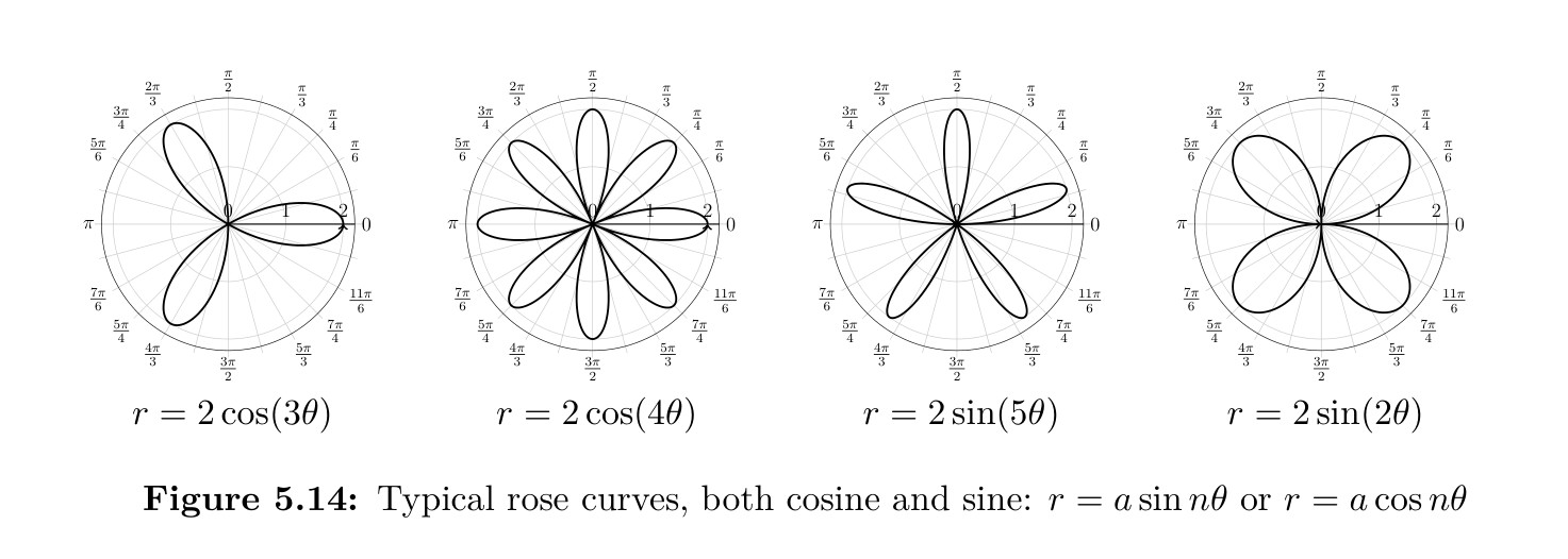 Four polar rose curves: r = 2cos(3θ) with 3 petals, r = 2cos(4θ) with 8 petals, r = 2sin(5θ) with 5 petals, and r = 2sin(2θ) with 4 petals